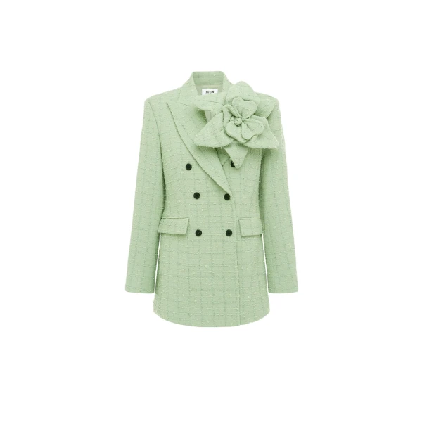 Leo Lin green blazer – tailored single-breasted blazer with structured shoulders, notched lapels, and floral appliqué detailing.