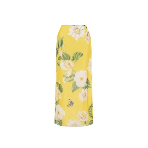 Leo Lin yellow silk maxi skirt, featuring a high banded waistline and a column slip silhouette.