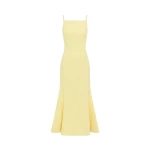 Leo Lin yellow midi dress – sleeveless dress with square neckline, spaghetti straps, fitted bodice, and A-line skirt.