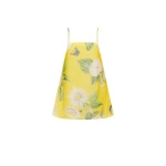 Leo Lin yellow floral midi dress – sleeveless dress with square neckline, fitted bodice, and flared skirt.