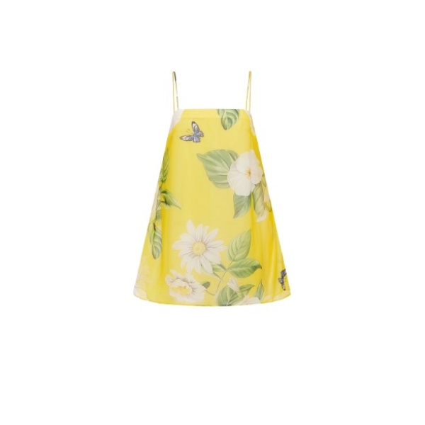 Leo Lin yellow floral midi dress – sleeveless dress with square neckline, fitted bodice, and flared skirt.