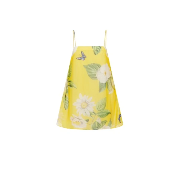 Leo Lin yellow floral midi dress – sleeveless dress with square neckline, fitted bodice, and flared skirt.