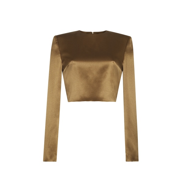 Keira Top is crafted from luxurious double-face silk charmeuse in a rich olive hue. Its structured silhouette and long sleeves offer a sophisticated