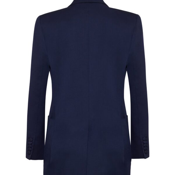 resilient fabric that maintains its shape while offering ease of movement. Featuring peaked lapels and a double-breasted front