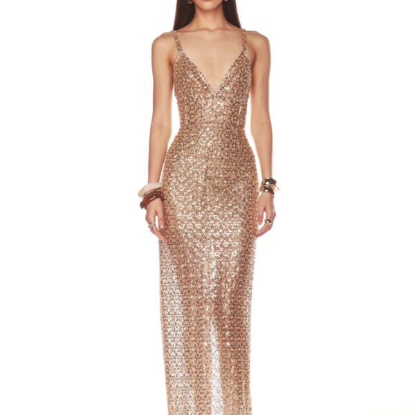 Bronx and Banco Gold Allegra Gold Sequin Maxi Dress  a harmonious blend of structured elegance and timeless sophistication.