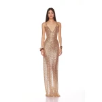 Bronx and Banco Gold Allegra Gold Sequin Maxi Dress  a harmonious blend of structured elegance and timeless sophistication