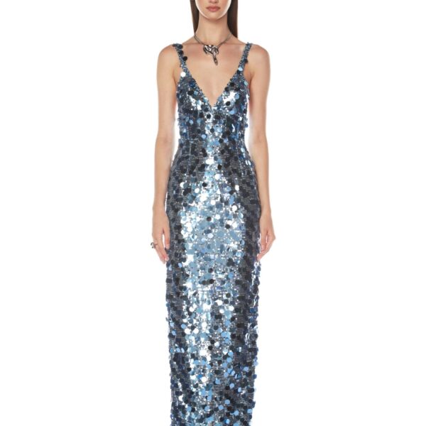 Bronx and Banco Blue Allegra Ocean Blue Sequin Maxi Dress  a harmonious blend of structured elegance and timeless sophistication.