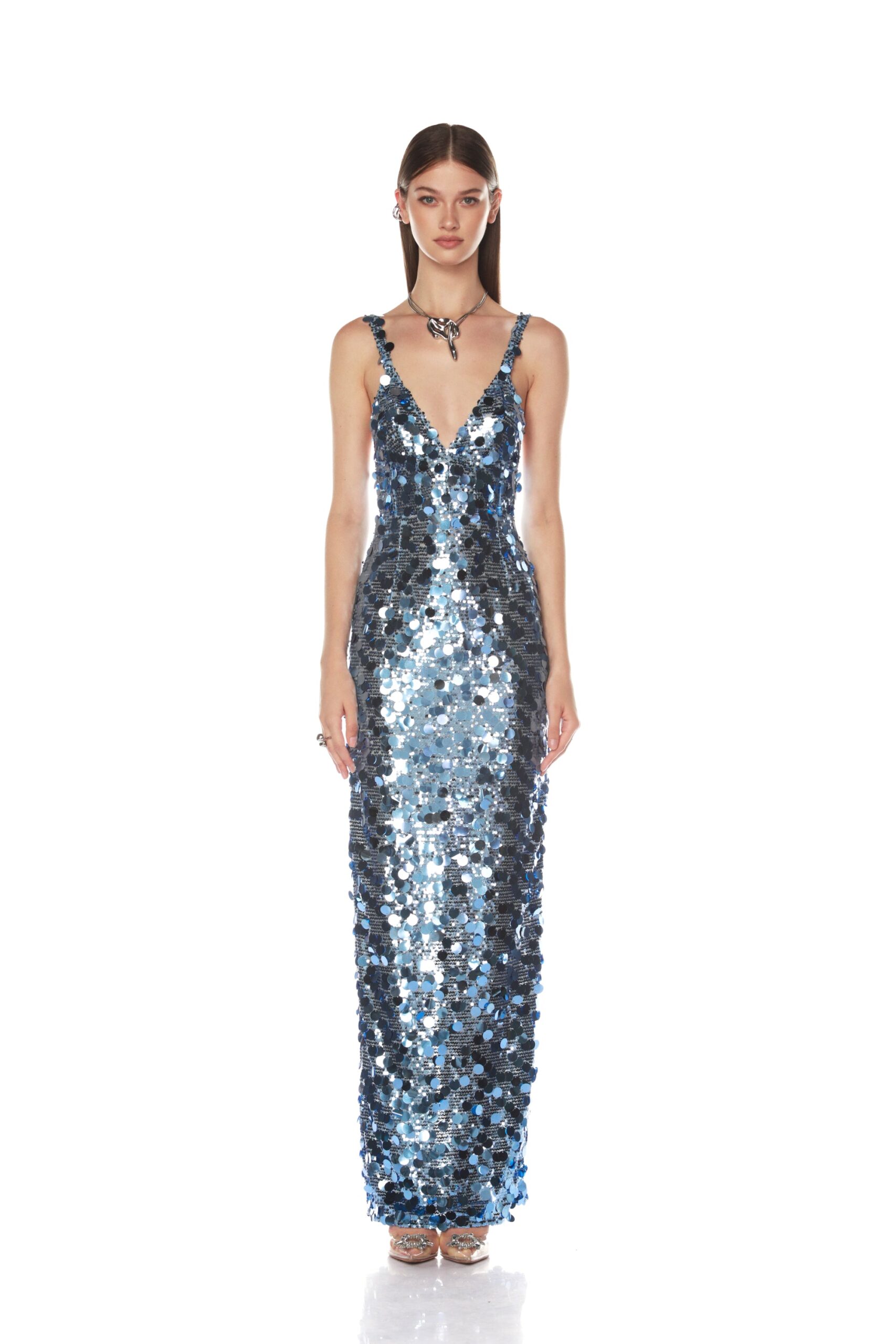 Bronx and Banco Allegra Ocean Blue Sequin Maxi Dress Bronx and Banco Blue Allegra Ocean Blue Sequin Maxi Dress a harmonious blend of structured elegance and timeless sophistication