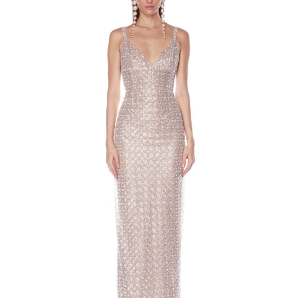 Bronx and Banco Silver Allegra Silver Sequin Maxi Dress  a harmonious blend of structured elegance and timeless sophistication.