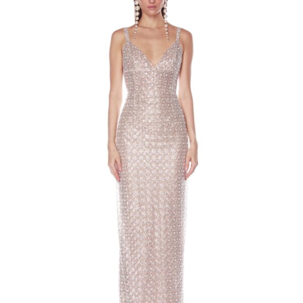 Bronx and Banco Silver Allegra Silver Sequin Maxi Dress  a harmonious blend of structured elegance and timeless sophistication