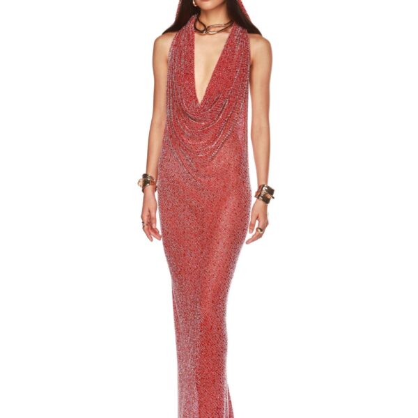 Bronx and Banco Red Amalia Red Gown  a harmonious blend of structured elegance and timeless sophistication.