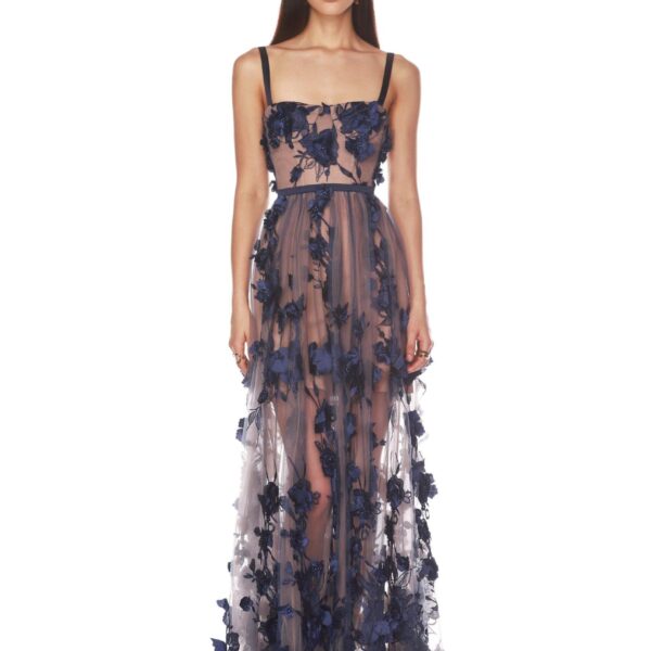Bronx and Banco Blue Anastasia Navy Maxi Dress  a harmonious blend of structured elegance and timeless sophistication.