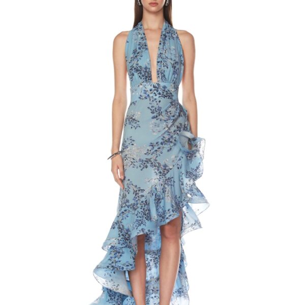 Bronx and Banco Blue Bronte Blue Poppy Maxi Dress  a harmonious blend of structured elegance and timeless sophistication.