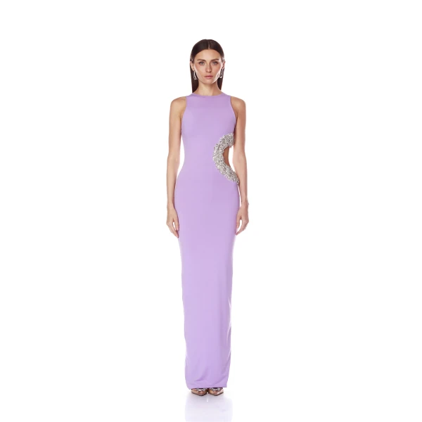 Bronx and Banco Camila Lilac Rhinestone Cutout Maxi Dress