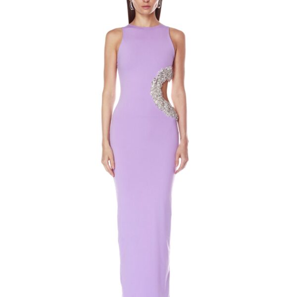 Bronx and Banco Purple Camila Lilac Rhinestone Cutout Maxi Dress  a harmonious blend of structured elegance and timeless sophistication