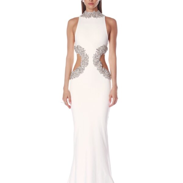 Bronx and Banco White Camila White Rhinestone Cutout Gown  a harmonious blend of structured elegance and timeless sophistication