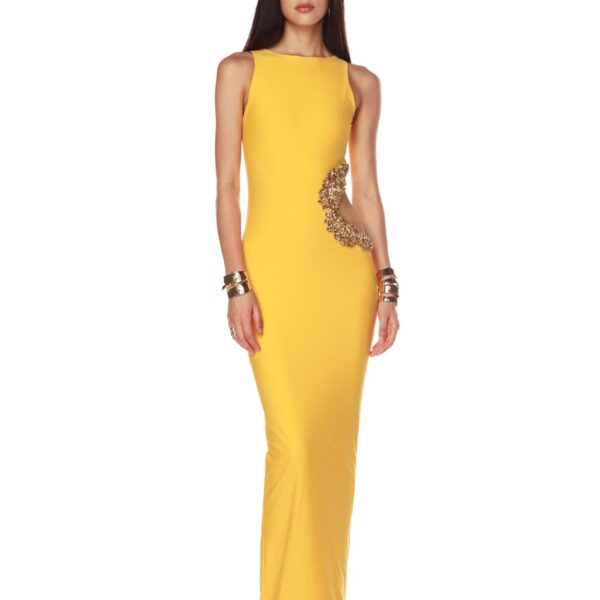 Bronx and Banco Yellow Camila Yellow Rhinestone Cutout Maxi Dress  a harmonious blend of structured elegance and timeless sophistication.
