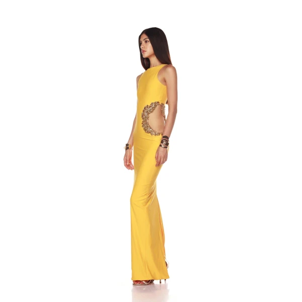 Bronx and Banco Camila Yellow Rhinestone Cutout Maxi Dress, view 3