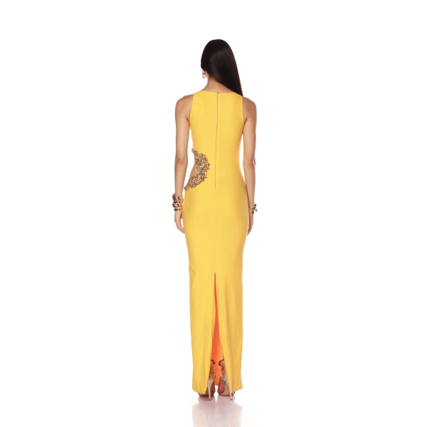 Bronx and Banco Camila Yellow Rhinestone Cutout Maxi Dress, view 4