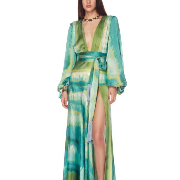 Bronx and Banco Green Carmen Coastal Maxi Dress  a harmonious blend of structured elegance and timeless sophistication.