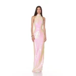 Bronx and Banco Pink Coco Halterneck Pink Iridescent Maxi Dress  a harmonious blend of structured elegance and timeless sophistication