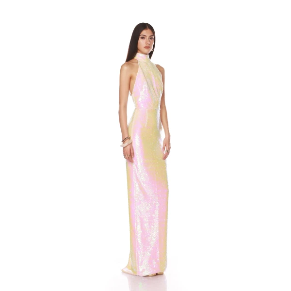 Bronx and Banco Coco Halterneck Pink Iridescent Maxi Dress, view 3