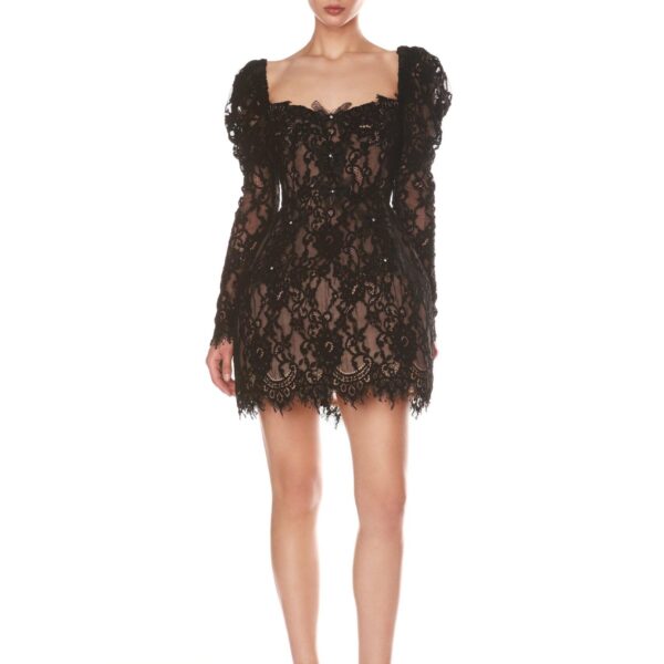 Bronx and Banco Black Colette Lace Noir Long Sleeve Mini Dress  a harmonious blend of structured elegance and timeless sophistication.