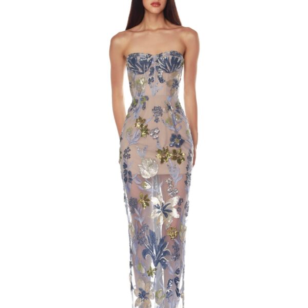 Bronx and Banco Blue Dahlia Baby Blue Multi Maxi Dress  a harmonious blend of structured elegance and timeless sophistication.