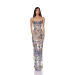 Bronx and Banco Blue Dahlia Baby Blue Multi Maxi Dress  a harmonious blend of structured elegance and timeless sophistication