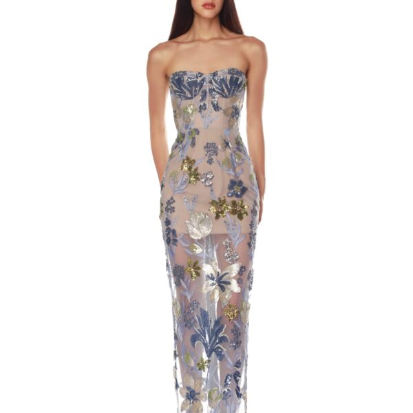 Bronx and Banco Blue Dahlia Baby Blue Multi Maxi Dress  a harmonious blend of structured elegance and timeless sophistication
