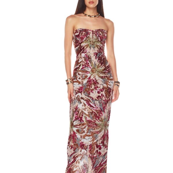 Bronx and Banco Pink Dahlia Fuchsia Multi Maxi Dress  a harmonious blend of structured elegance and timeless sophistication