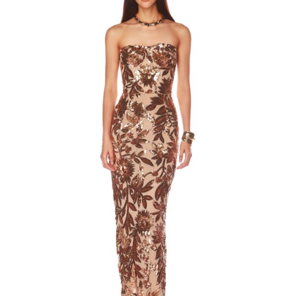Bronx and Banco Gold Dahlia Gold Multi Gown  a harmonious blend of structured elegance and timeless sophistication