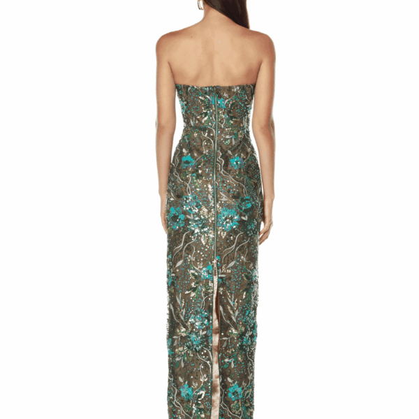 Bronx and Banco Multicolour Dahlia Teal Multi Maxi Dress  a harmonious blend of structured elegance and timeless sophistication.