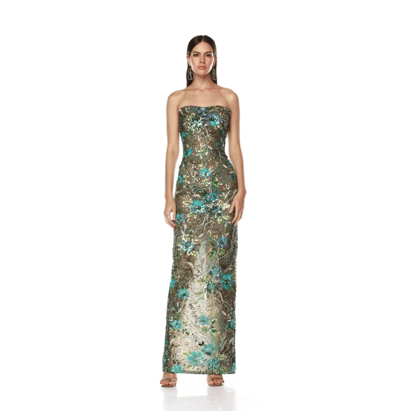 Bronx and Banco Dahlia Teal Multi Maxi Dress