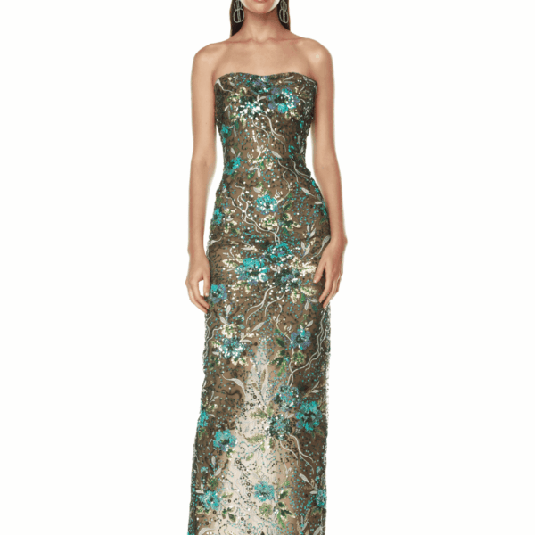 Bronx and Banco Multicolour Dahlia Teal Multi Maxi Dress  a harmonious blend of structured elegance and timeless sophistication