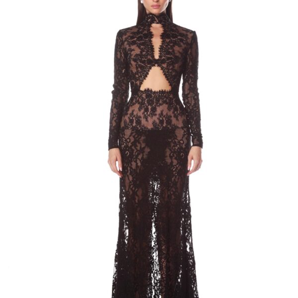 Bronx and Banco Black Eleanor Black Lace Gown  a harmonious blend of structured elegance and timeless sophistication.