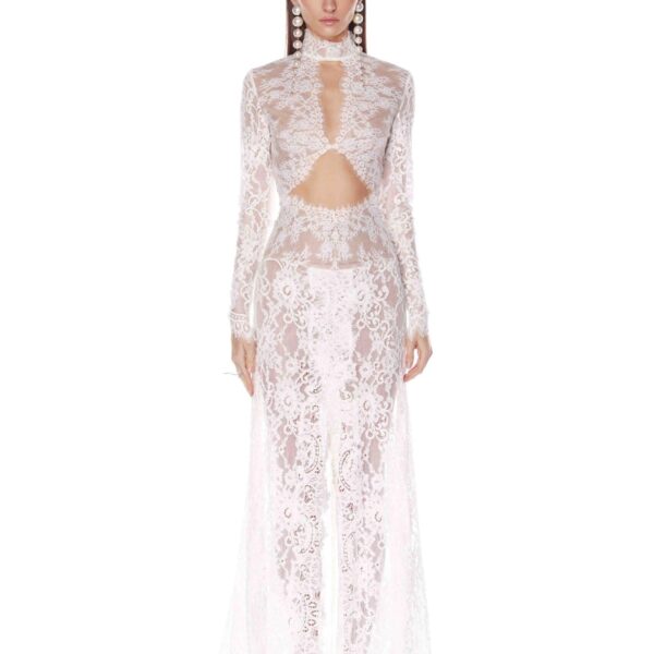 Bronx and Banco White Eleanor White Lace Gown  a harmonious blend of structured elegance and timeless sophistication.