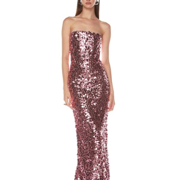 Bronx and Banco Pink Farah Blush Sequin Strapless Gown  a harmonious blend of structured elegance and timeless sophistication.