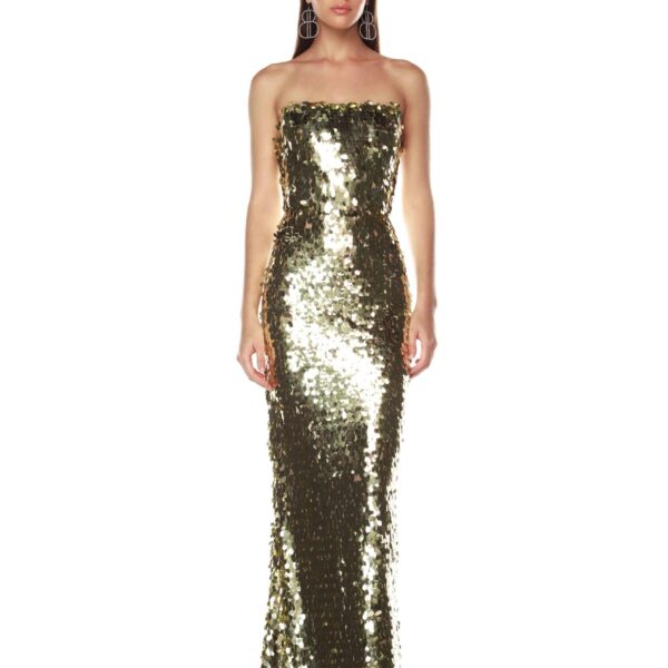 Bronx and Banco Gold Farah Gold Sequin Strapless Gown  a harmonious blend of structured elegance and timeless sophistication.