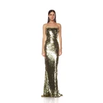 Bronx and Banco Gold Farah Gold Sequin Strapless Gown  a harmonious blend of structured elegance and timeless sophistication