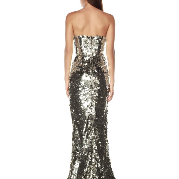 Bronx and Banco Silver Farah Silver Sequin Strapless Gown  a harmonious blend of structured elegance and timeless sophistication.
