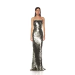 Bronx and Banco Silver Farah Silver Sequin Strapless Gown  a harmonious blend of structured elegance and timeless sophistication