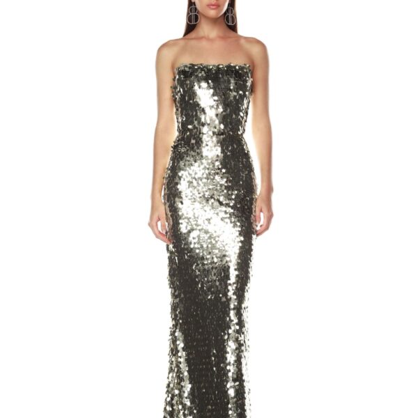 Bronx and Banco Silver Farah Silver Sequin Strapless Gown  a harmonious blend of structured elegance and timeless sophistication