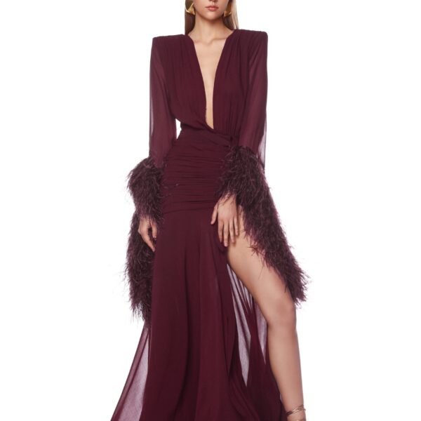 Bronx and Banco Red Geisha Burgundy Maxi Dress  a harmonious blend of structured elegance and timeless sophistication