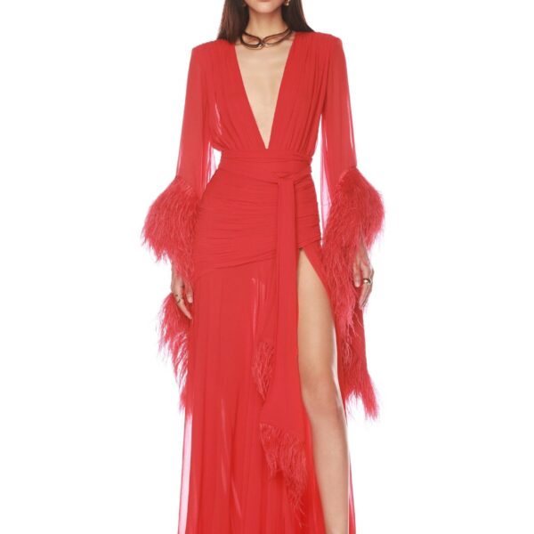 Bronx and Banco Red Geisha Red Maxi Dress  a harmonious blend of structured elegance and timeless sophistication.