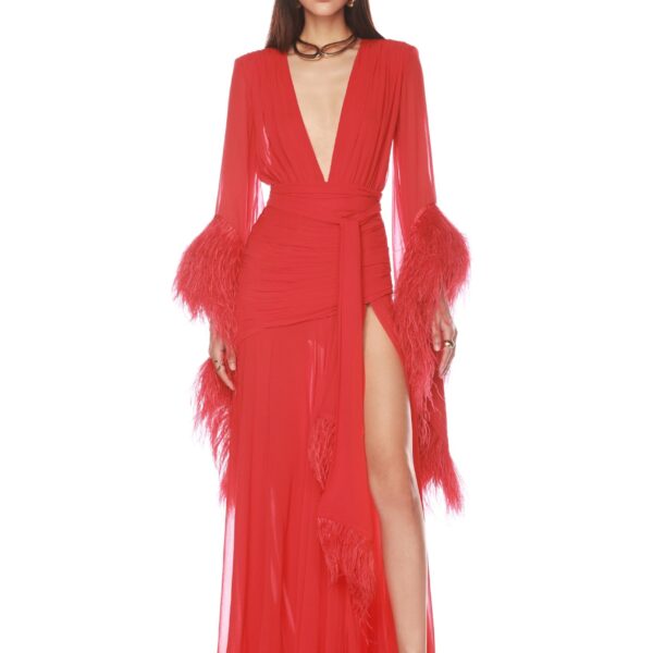 Bronx and Banco Red Geisha Red Maxi Dress  a harmonious blend of structured elegance and timeless sophistication