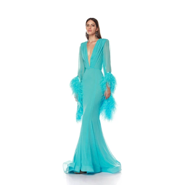 Bronx and Banco Geisha V-Neck Teal Gown, view 3