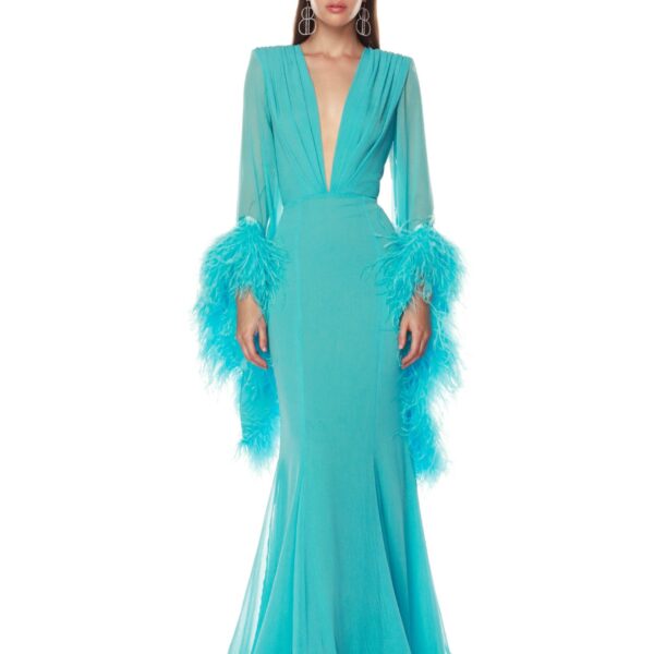 Bronx and Banco Green Geisha V-Neck Teal Gown  a harmonious blend of structured elegance and timeless sophistication