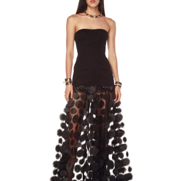 Bronx and Banco Black Harper Strapless Black Gown  a harmonious blend of structured elegance and timeless sophistication.