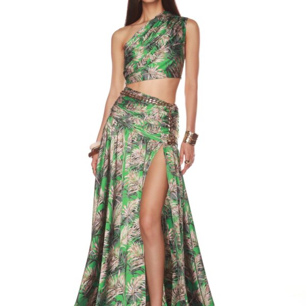 Bronx and Banco Green Jafari Havana Gown  a harmonious blend of structured elegance and timeless sophistication.